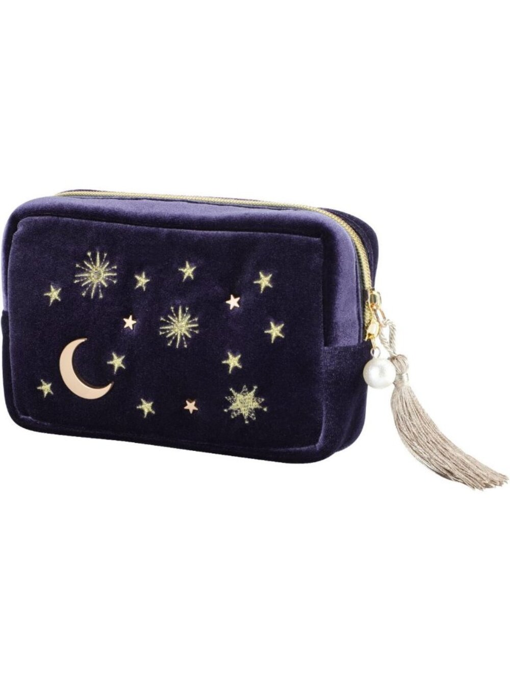 Navy Velvet Starry Makeup Bag with Tassels & Pearl Zipper - Cosmetic Storage